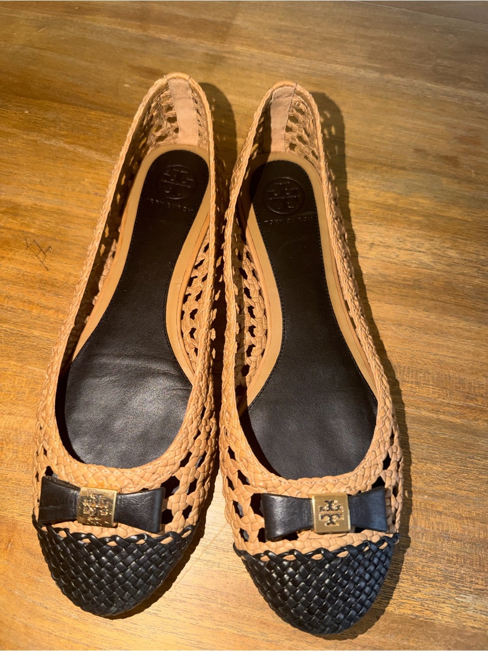 Tory Burch Tan Woven Leather Ballet Flats with Black Toe & Bow